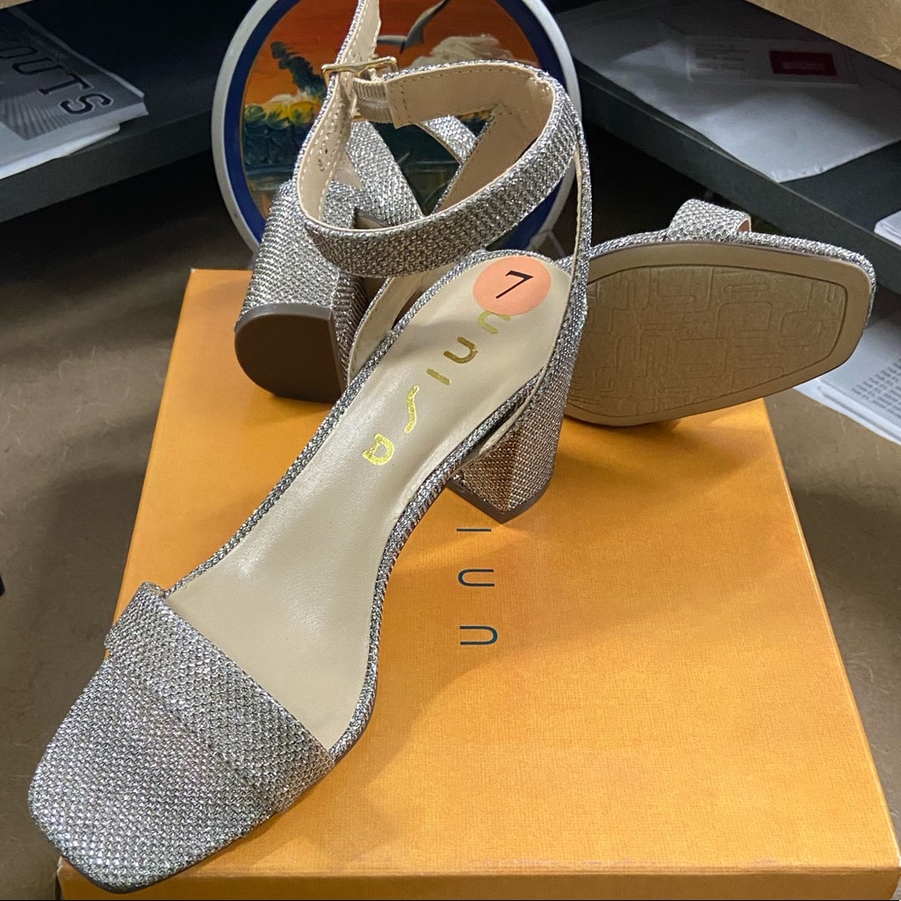 Silver Glitter Ankle Strap Block Sandal